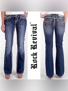 Rock Revival “Elaina” Easy Boot Curvy Fit Mid Rise Jeans Leather Back Label